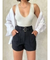 Kemer detaylı gabardin şort siyah s25289