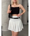 Kemerli piliseli şort etek beyaz s25305