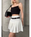 Kemerli piliseli şort etek beyaz s25305