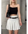 Kemerli piliseli şort etek beyaz s25305