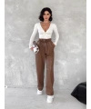 Kendinden ince kemerli deri pantolon kahve t1178