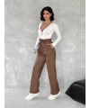 Kendinden ince kemerli deri pantolon kahve t1178