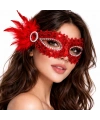 Kırmızı Taşlı Venedik Parti Maskesi – Tüylü Payetli