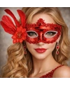 Kırmızı Tüylü Payetli Lüks Taşlı Parti Maskesi