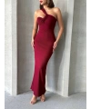 Krinkıl tek omuz uzun elbise bordo s25455