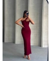 Krinkıl tek omuz uzun elbise bordo s25455