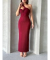 Krinkıl tek omuz uzun elbise bordo s25455
