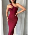 Krinkıl tek omuz uzun elbise bordo s25455