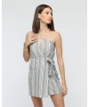 Kuşaklı çizgili mini keten elbise
