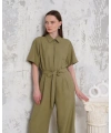 Kuşaklı gömlek yaka salaş tulum haki s255822