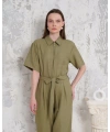 Kuşaklı gömlek yaka salaş tulum haki s255822