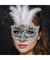 Lüks Gümüş Tüylü Taşlı Balo Maskesi