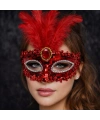 Lüks Kırmızı Tüylü Taşlı Balo Maskesi