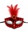 Lüks Kırmızı Tüylü Taşlı Balo Maskesi