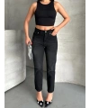 Mom fit enzim bıyıklı taş yıkama jeans pantolon siyah d2006
