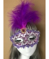 Mor Dantel İşlemeli Mor Tüylü Balo Parti Maskesi 17x20 cm