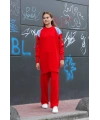 Omuz detaylı kol nakışlı ikili alt üst triko takım kırmızı