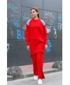 Omuz detaylı kol nakışlı ikili alt üst triko takım kırmızı