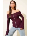 Omzu Açık Fermuarlı Bluz Mürdüm T4330