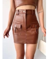 Önden iki cepli deri etek kahve h240040