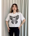 Oversize Beyaz baskılı crop tişört