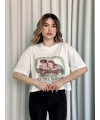 Oversize Beyaz baskılı crop tişört