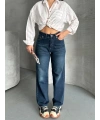 Palazzo bıyık enzim yıkama jeans pantolon koyu mavi d2008