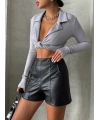 Parçalı cepli deri şort siyah w26312