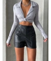 Parçalı cepli deri şort siyah w26312