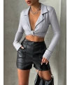 Parçalı cepli deri şort siyah w26312