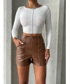 Parçalı cepli deri şort taba w26312