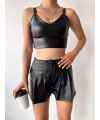 Pileli deri şort siyah h240053