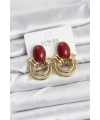 Pirinç Gold Renk Bordo Taşlı Vintage Kadın Küpe