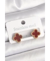 Pirinç Gold Renk Bordo Yonca Model Kadın Küpe