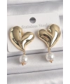 Pirinç Gold Renk Kalp Model Sallantı İnci Detay Kadın Küpe