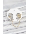Pirinç Gold Renk Kalp Model Zincir Bağlantılı Ear Cuff Küpe Seti