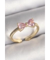 Pirinç Gold Renk Pembe Zirkon Taşlı Kalp Fiyonk Model Kadın Yüzük