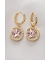 Pirinç Gold Renk Pembe Zirkon Taşlı Yıldız Detay Ay Küpe