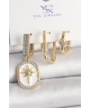 Pirinç Gold Renk Sallantı Zirkon Taş İşlmeli Yıldız Portre Model 3Lü Kadın Kombin Küpe