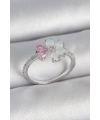 Pirinç Gümüş Renk Beyaz Mineli Pembe Zirkon Taşlı Çiçek Model Kadın Yüzük