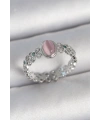 Pirinç Gümüş Renk Zirkon Taş Detaylı Pembe Mineli Damla Model Ayarlanabilir Kadın Yüzük