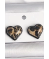 Pirinç Siyah Renk Leopar Desen 3D Kalp Model Kadın Küpe