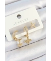 Pirinç Zirkon Taşlı Çiçek Ve Ay Model Gold Renk 3lü Çift Kadın Küpe Set