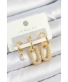 Pirinç Zirkon Taşlı Dikdörtgen Model Gold Renk 3lü Çift Kadın Küpe Set