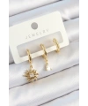 Pirinç Zirkon Taşlı Güneş Model Gold Renk 3lü Çift Kadın Küpe Set