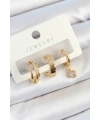 Pirinç Zirkon Taşlı Halka Model Gold Renk 3lü Çift Kadın Küpe Set