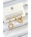 Pirinç Zirkon Taşlı Kalp Model Gold Renk 3lü Çift Kadın Küpe Set