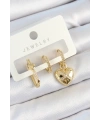 Pirinç Zirkon Taşlı Kalp Model Gold Renk 3lü Çift Kadın Küpe Set