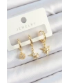 Pirinç Zirkon Taşlı Yıldız Model Gold Renk 3lü Çift Kadın Küpe Set