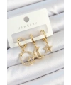 Pirinç Zirkon Taşlı Yıldız Ve Ay Model Gold Renk 3lü Kadın Küpe Set